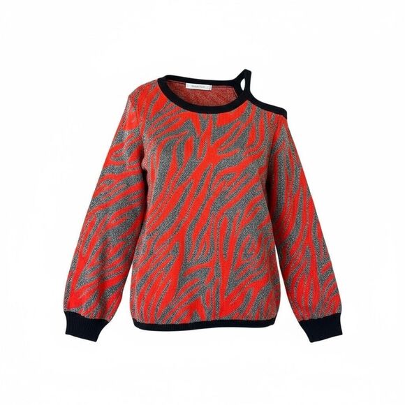 Willow Drive Animal Print One Cold Shoulder Pullover Sweater Red Gray Size XL - Picture 1 of 9